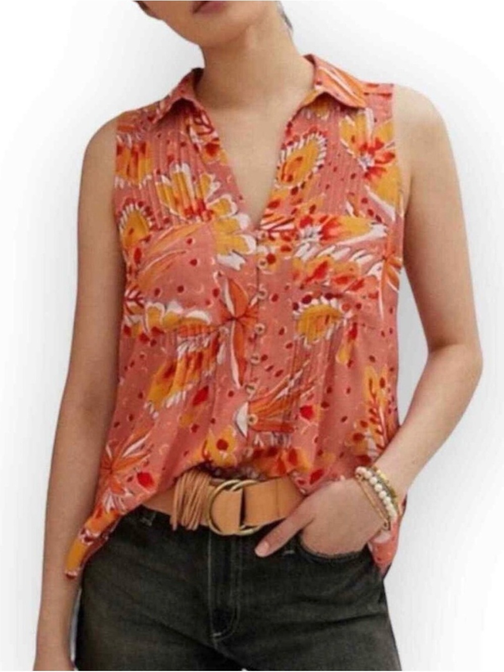 Anthropologie Vera Sleeveless Floral Button-Front Top
